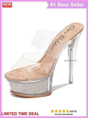 Clear Platform Stiletto Heels Rhinestone Slip-On Round Toe Pumps